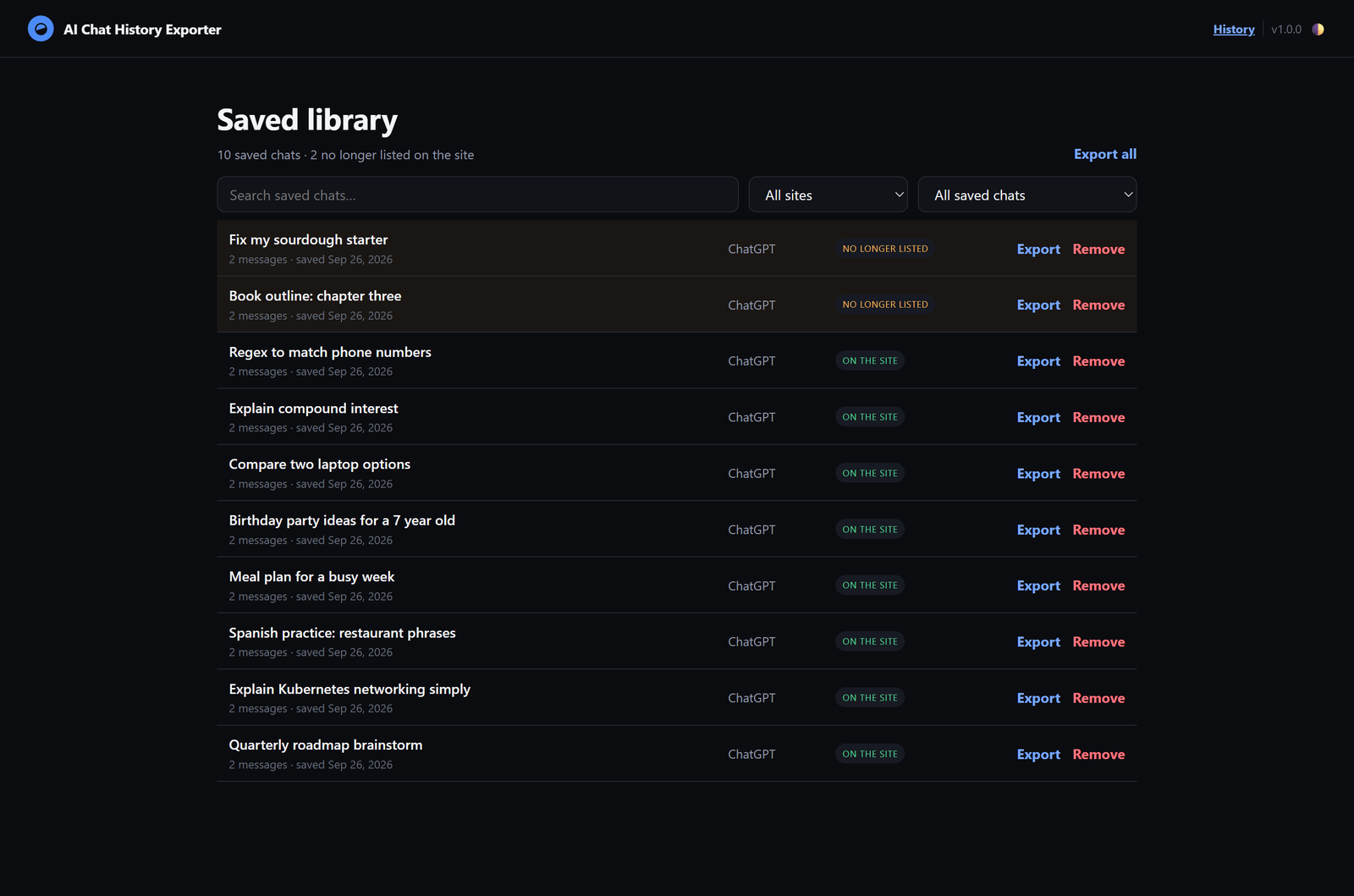 The Saved Library screen listing saved chats, two of them marked No longer listed on the site.